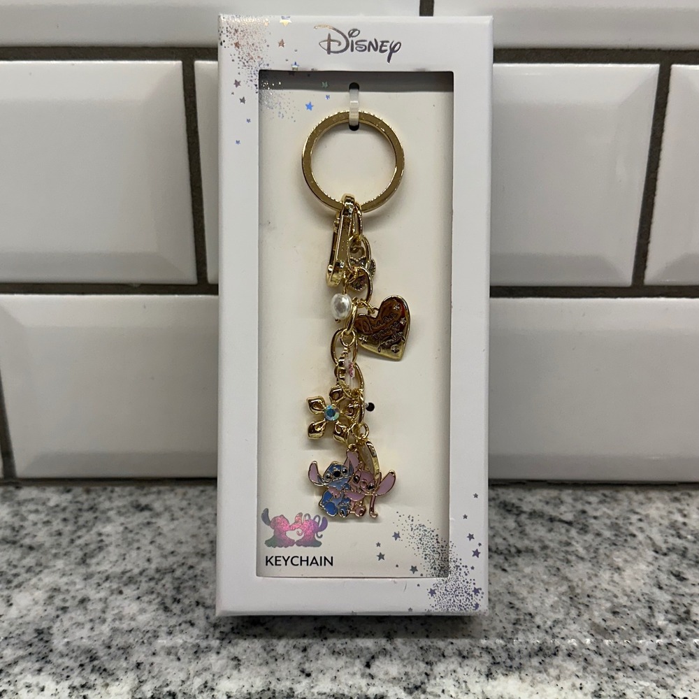 Disney Stitch Angel Ohana Means‎ Family Heart Charm Keychain Gold Tone